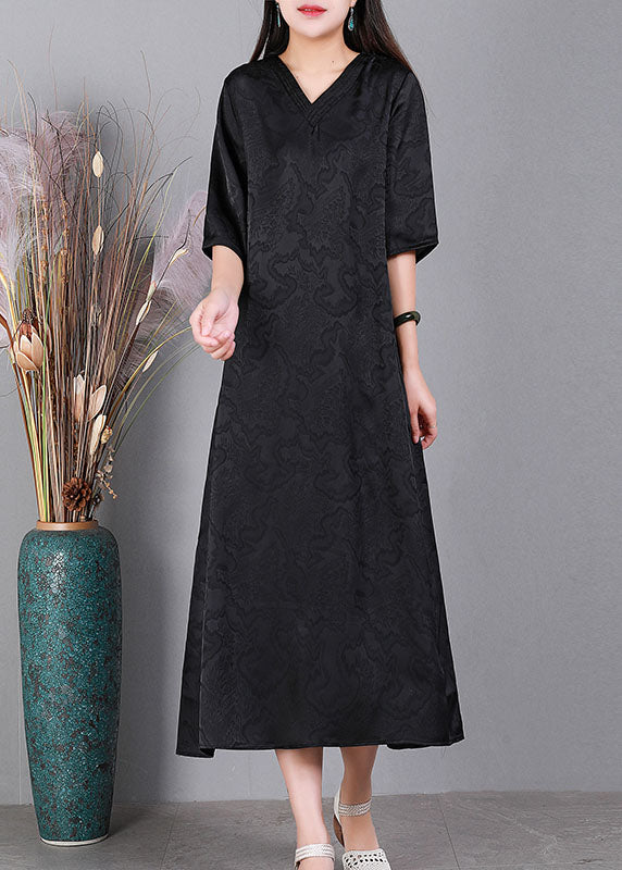 Handmade Green V Neck Jacquard 2024 Silk Long Dress Half Sleeve