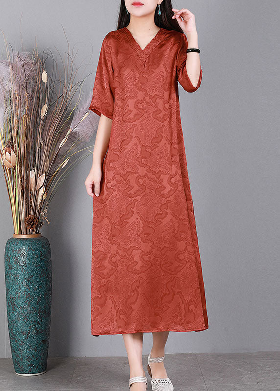 Handmade Green V Neck Jacquard 2024 Silk Long Dress Half Sleeve