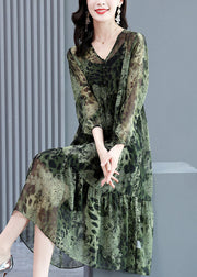 Handmade Green V Neck Patchwork Wrinkled Leopard Chiffon Long Dresses Long Sleeve