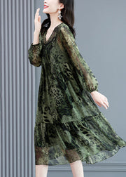 Handmade Green V Neck Patchwork Wrinkled Leopard Chiffon Long Dresses Long Sleeve