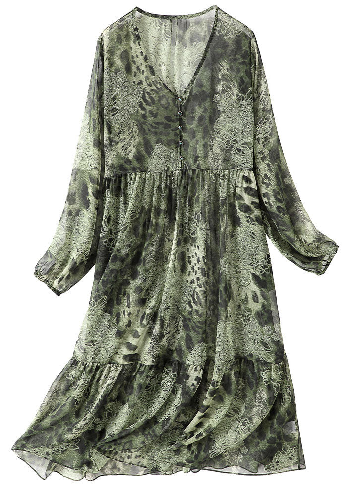 Handmade Green V Neck Patchwork Wrinkled Leopard Chiffon Long Dresses Long Sleeve