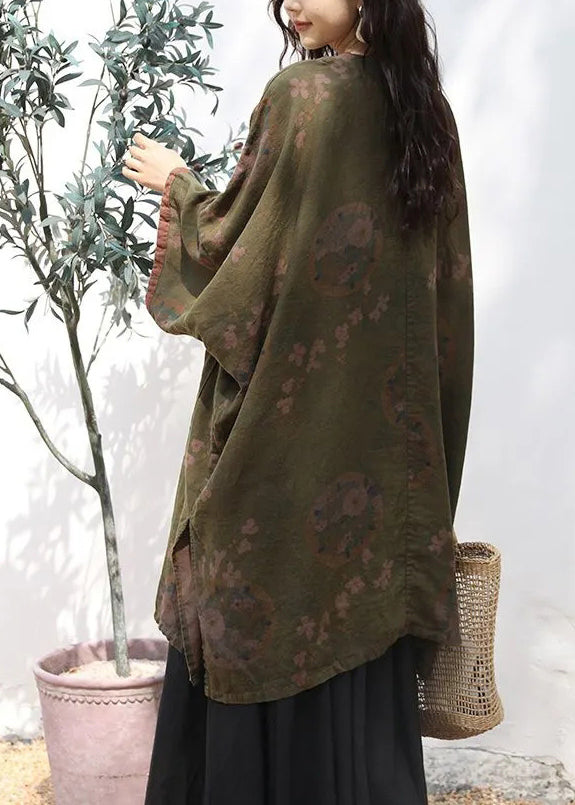 Handmade Green V Neck Print Linen Cardigans Long Sleeve