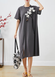 Handmade Grey Floral Side Open Cotton Dress Summer