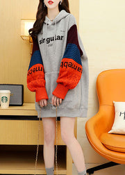 Handmade Grey Hooded Patchwork Warm Fleece Loose Sweatshirts Top Winter