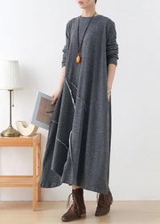 Handmade Grey Loose Asymmetrical Design Fall Long Sleeve Holiday Dress - bagstylebliss