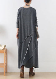 Handmade Grey Loose Asymmetrical Design Fall Long Sleeve Holiday Dress - bagstylebliss