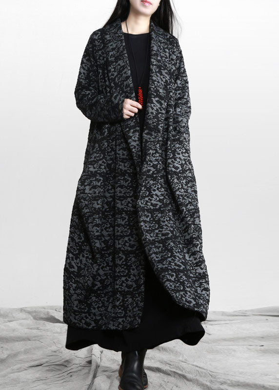 Handmade Grey Loose Pockets Print Fall Trench