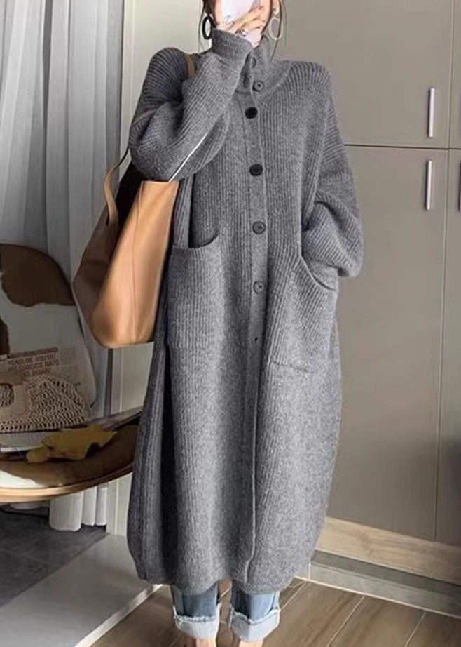 Handmade Grey Turtleneck Pockets Button Cozy Cotton Knit Sweaters Coats Long Sleeve