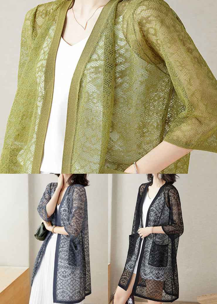 Handmade Grey V Neck Pockets Patchwork Lace Cardigan Summer