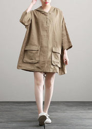 Handmade Summer Khaki Linen Dresses Hoodie Dress - bagstylebliss