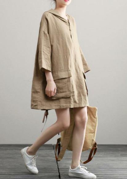 Handmade Summer Khaki Linen Dresses Hoodie Dress - bagstylebliss