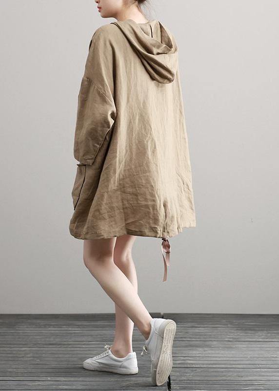 Handmade Summer Khaki Linen Dresses Hoodie Dress - bagstylebliss