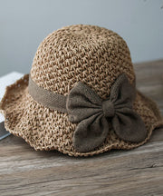 Handmade Khaki Bow Straw Woven Bucket Hat