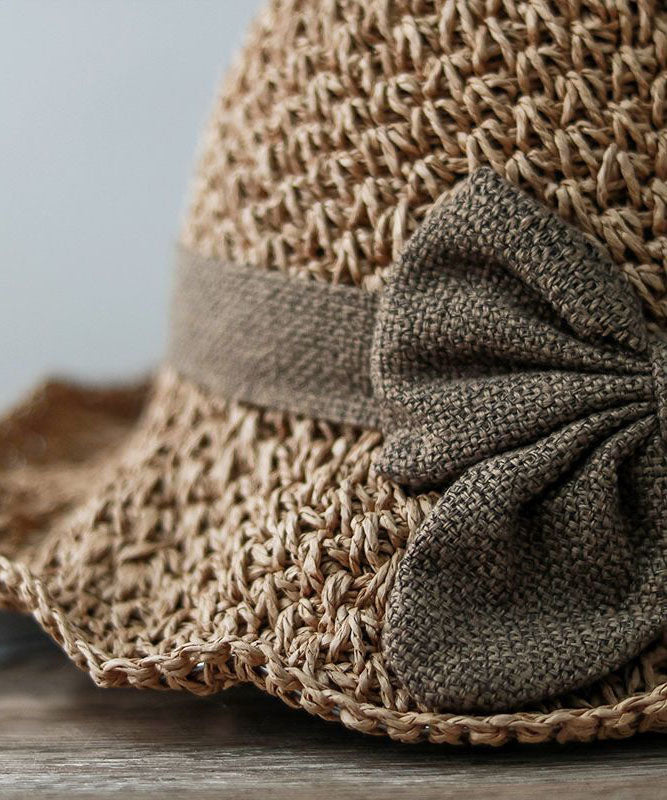 Handmade Khaki Bow Straw Woven Bucket Hat