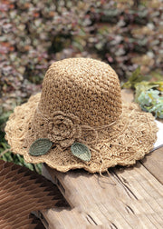 Handmade Khaki Floral Leaf Straw Woven Floppy Sun Hat