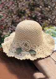 Handmade Khaki Floral Leaf Straw Woven Floppy Sun Hat