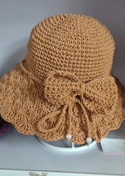 Handmade Khaki Lace Patchwork Bow Knit Blended Bonnie Hat