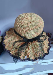 Handmade Khaki Lace Patchwork Bow Knit Blended Bonnie Hat