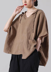 Handmade Khaki Loose Cotton Linen Shirt Tops Summer - bagstylebliss