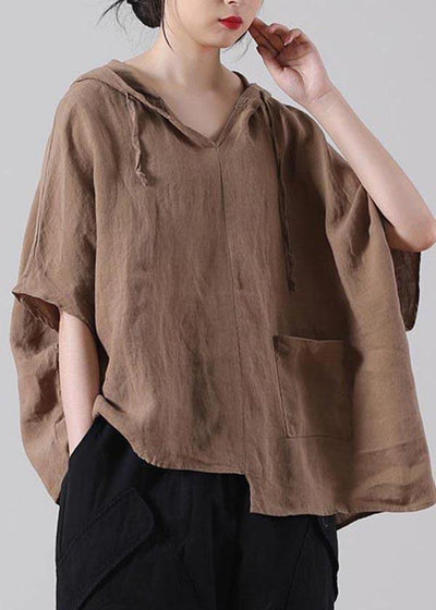 Handmade Khaki Loose Cotton Linen Shirt Tops Summer - bagstylebliss