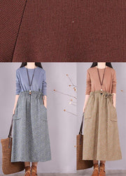 Handmade Khaki Patchwork Print Tunics For Women O Neck Plus Size Spring Dress - bagstylebliss