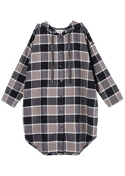 Handmade Khaki Plaid hooded Drawstring Button Fall Shirt Top