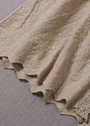 Handmade Khaki Pockets Button Embroideried Fall wrinkled Maxi Dresses Long sleeve - bagstylebliss