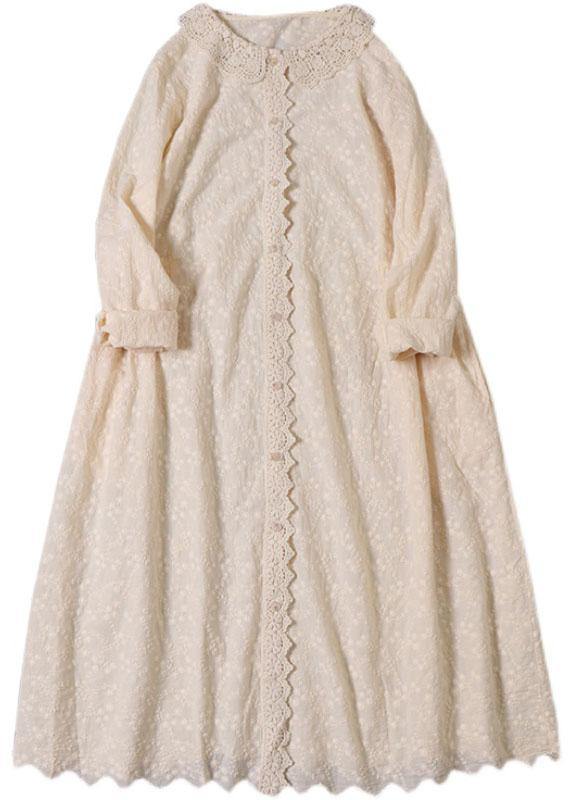 Handmade Khaki Pockets Button Embroideried Fall wrinkled Maxi Dresses Long sleeve - bagstylebliss