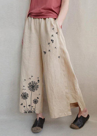 Handmade Khaki Print Dandelion Wide Leg Pants Summer Cotton Linen - bagstylebliss