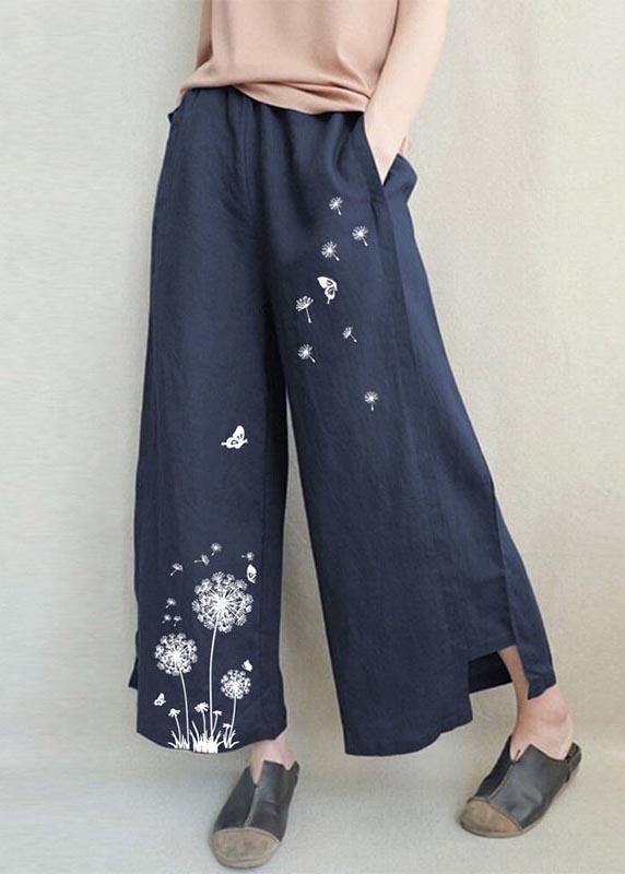 Handmade Khaki Print Dandelion Wide Leg Pants Summer Cotton Linen - bagstylebliss