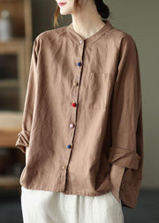 Handmade Khaki Retro O-Neck Button Fall Top Long Sleeve - bagstylebliss