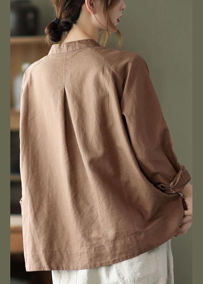 Handmade Khaki Retro O-Neck Button Fall Top Long Sleeve - bagstylebliss