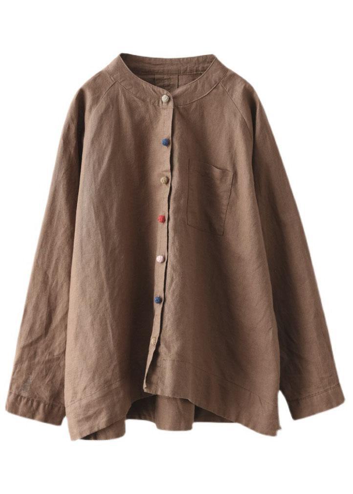 Handmade Khaki Retro O-Neck Button Fall Top Long Sleeve - bagstylebliss