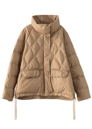 Handmade Khaki Stand Collar Zippered Loose Drawstring Winter Down Jacket