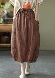 Handmade Khaki Tie Waist Patchwork Summer A Line Skirt Linen - bagstylebliss