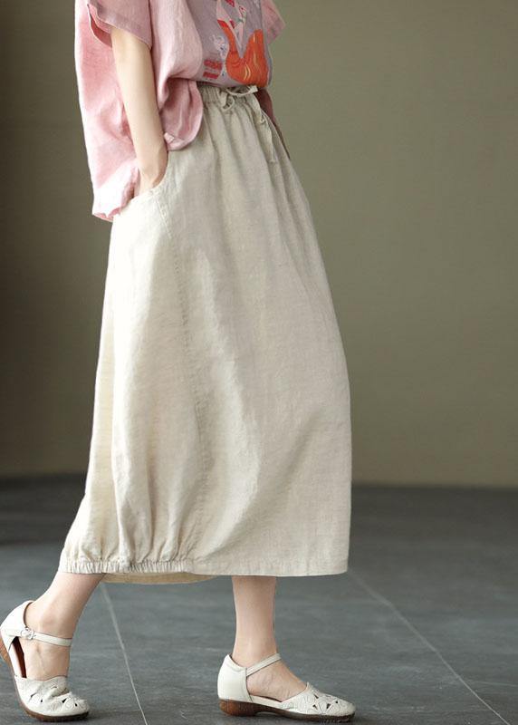 Handmade Khaki Tie Waist Patchwork Summer A Line Skirt Linen - bagstylebliss