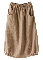 Handmade Khaki Tie Waist Patchwork Summer A Line Skirt Linen - bagstylebliss