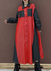 Handmade Lapel Patchwork Spring Long Dress Photography Red Kaftan Dress - bagstylebliss