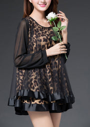 Handmade Leopard Patchwork Chiffon Shirt Tops Long Sleeve