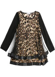 Handmade Leopard Patchwork Chiffon Shirt Tops Long Sleeve