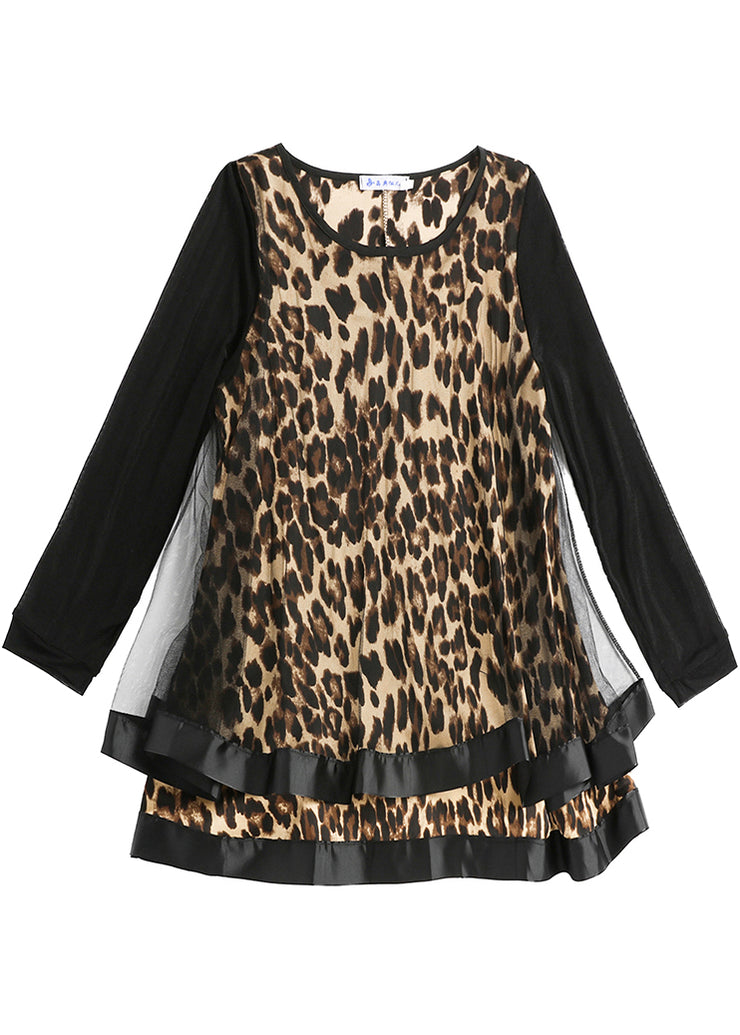 Handmade Leopard Patchwork Chiffon Shirt Tops Long Sleeve