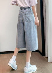 Handmade Light Blue Elastic Waist Drawstring Cotton Loose Crop Pants Summer