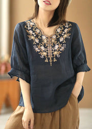 Handmade Navy Embroideried Linen Tops Half Sleeve