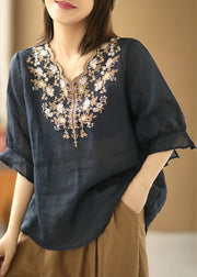 Handmade Navy Embroideried Linen Tops Half Sleeve