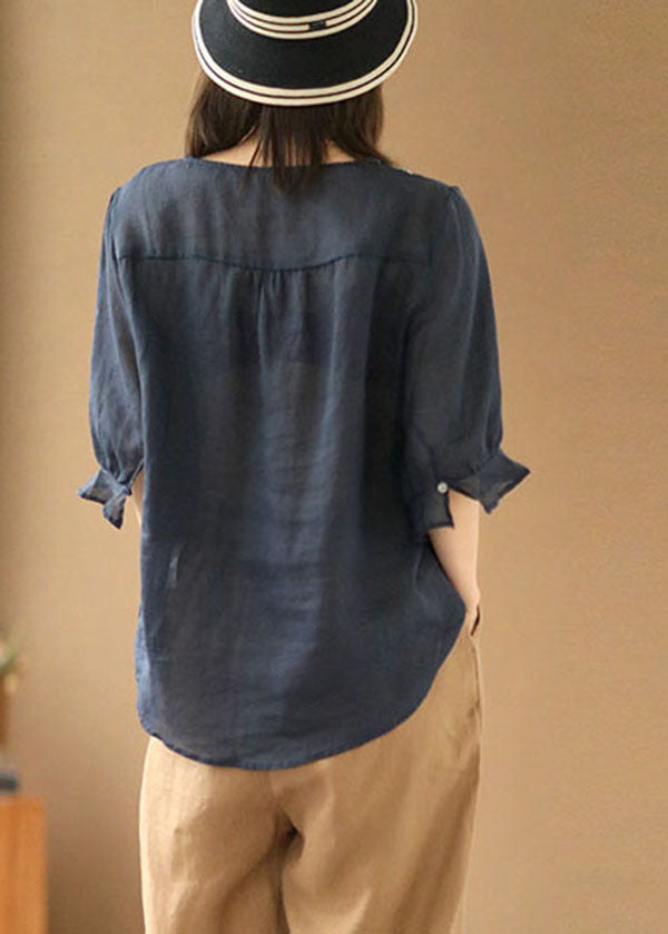 Handmade Navy Embroideried Linen Tops Half Sleeve