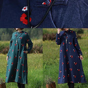 Handmade Navy Embroidery Tunics Stand Collar Robe Spring Dresses - bagstylebliss