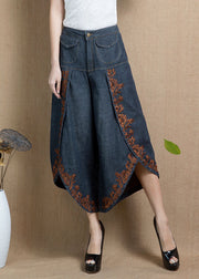 Handgefertigte, marineblaue, hohe Taille, besticktes, asymmetrisches Design, Taschen, Baumwoll-Crop-Hose, Sommer