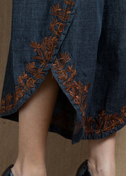 Handmade Navy High Waist Embroideried Asymmetrical Design Pockets Cotton Crop Pants Summer