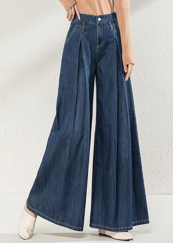 Handmade Navy High Waist Oversized Pockets Cotton Wide Leg Pants Fall