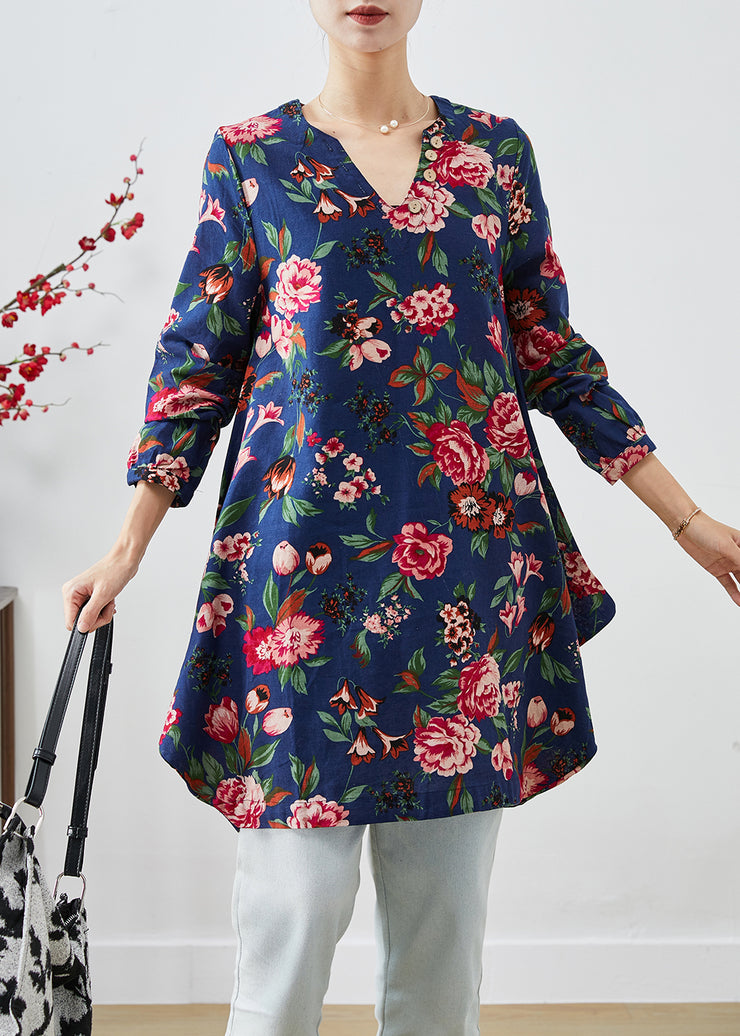 Handmade Navy V Neck Print Linen A Line Dresses Fall